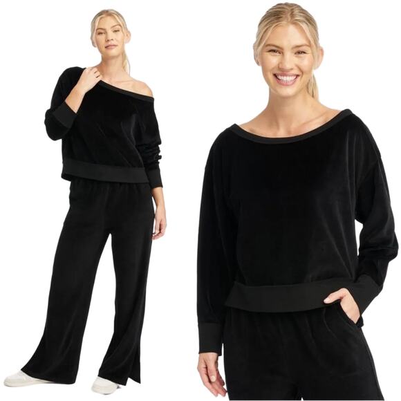 NWT JoyLab Black Velvet Velour Slouchy Pullover Sweatshirt Size Medium Lounge - Picture 1 of 7